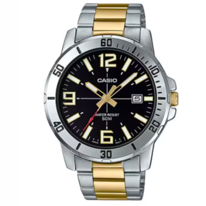 Casio General MTP-VD01SG-1BV Men's Two Tone Stainless Steel Black Dial Casual Analog Sporty Watch 